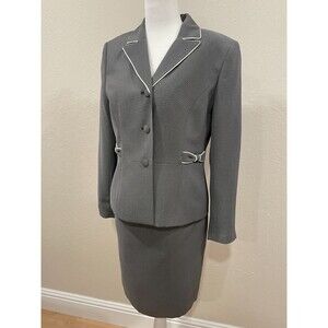 ~ Le Suit 2pc Skirt Suit 8p Black Print White Trim Work Notch Lapel Pencil Skirt